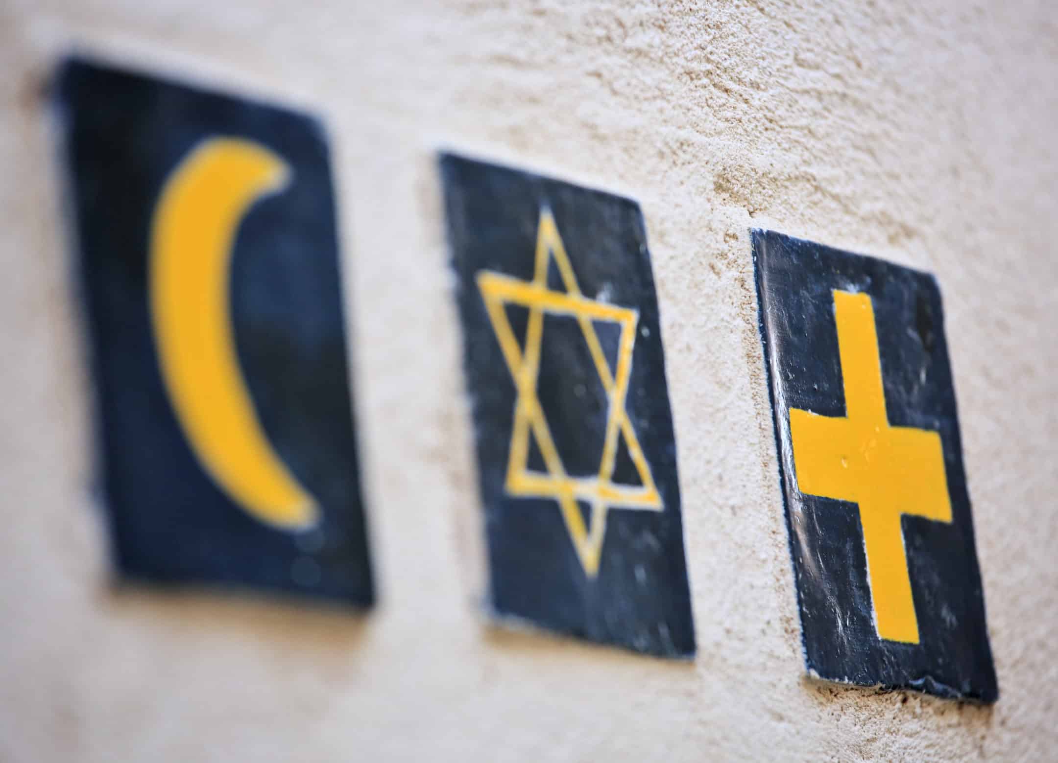 islamic crescent, jewish David's star, christian cross
