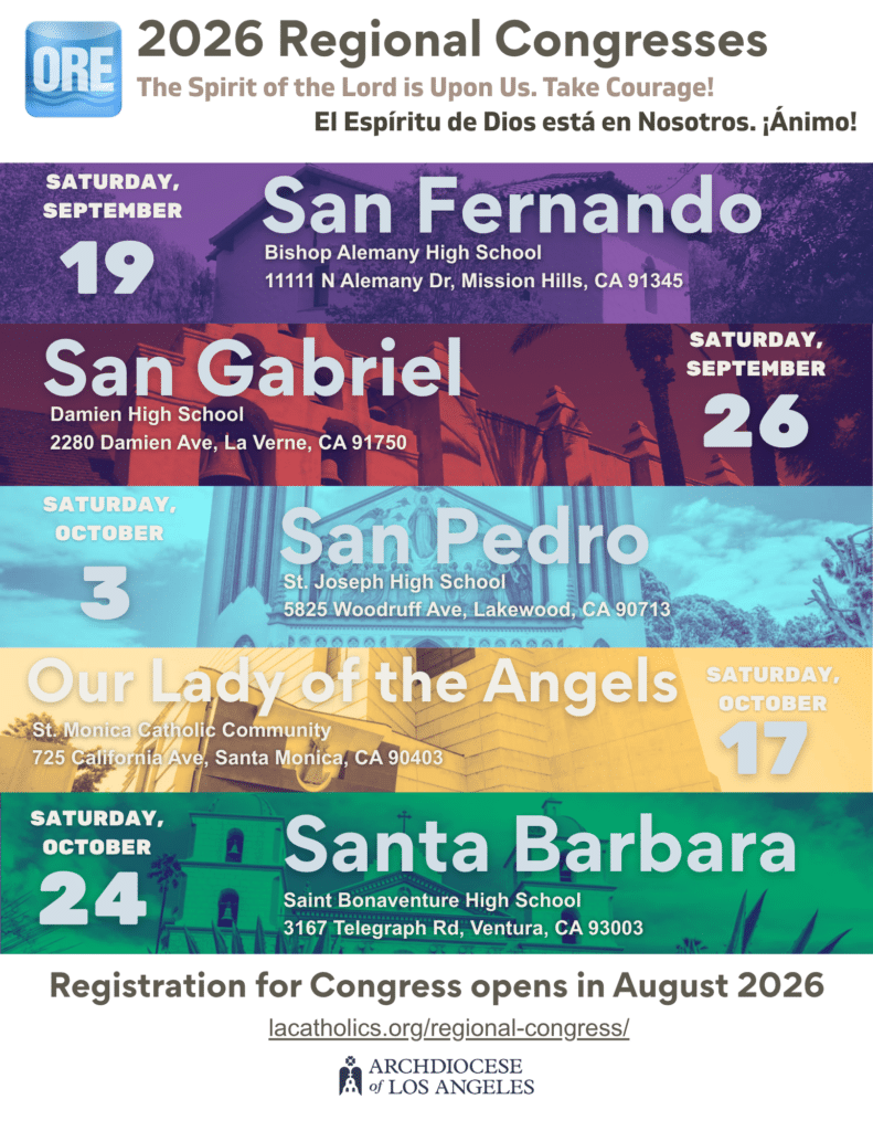 Colorful poster collage advertising the 2026 Regional Congresses with city panels and dates, plus the Archdiocese of Los Angeles logo at the bottom.
