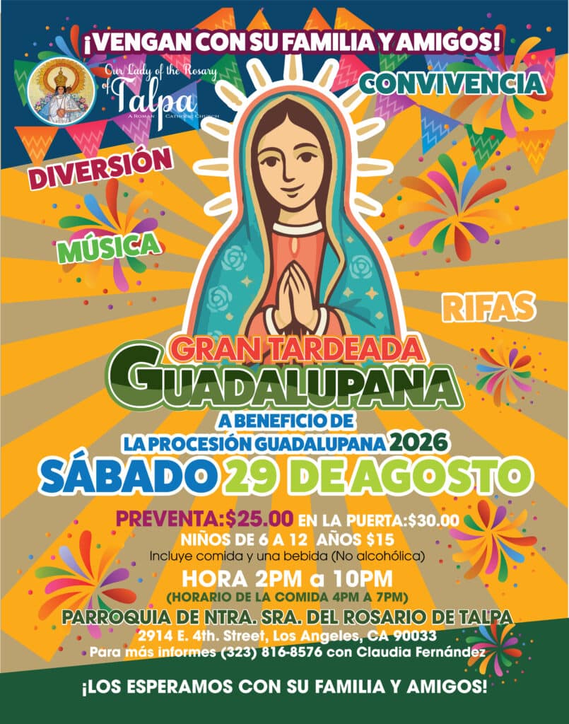 Cartel festivo en español para una procesión y evento comunitario en honor a Guadalupe, con imagen de la Virgen y colores vivos.