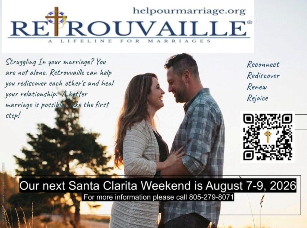 Couple embracing at sunset on a Retrouvaille marriage flyer announcing Santa Clarita Weekend Aug 7–9, 2026, with contact number 805-279-8071 and a QR code.