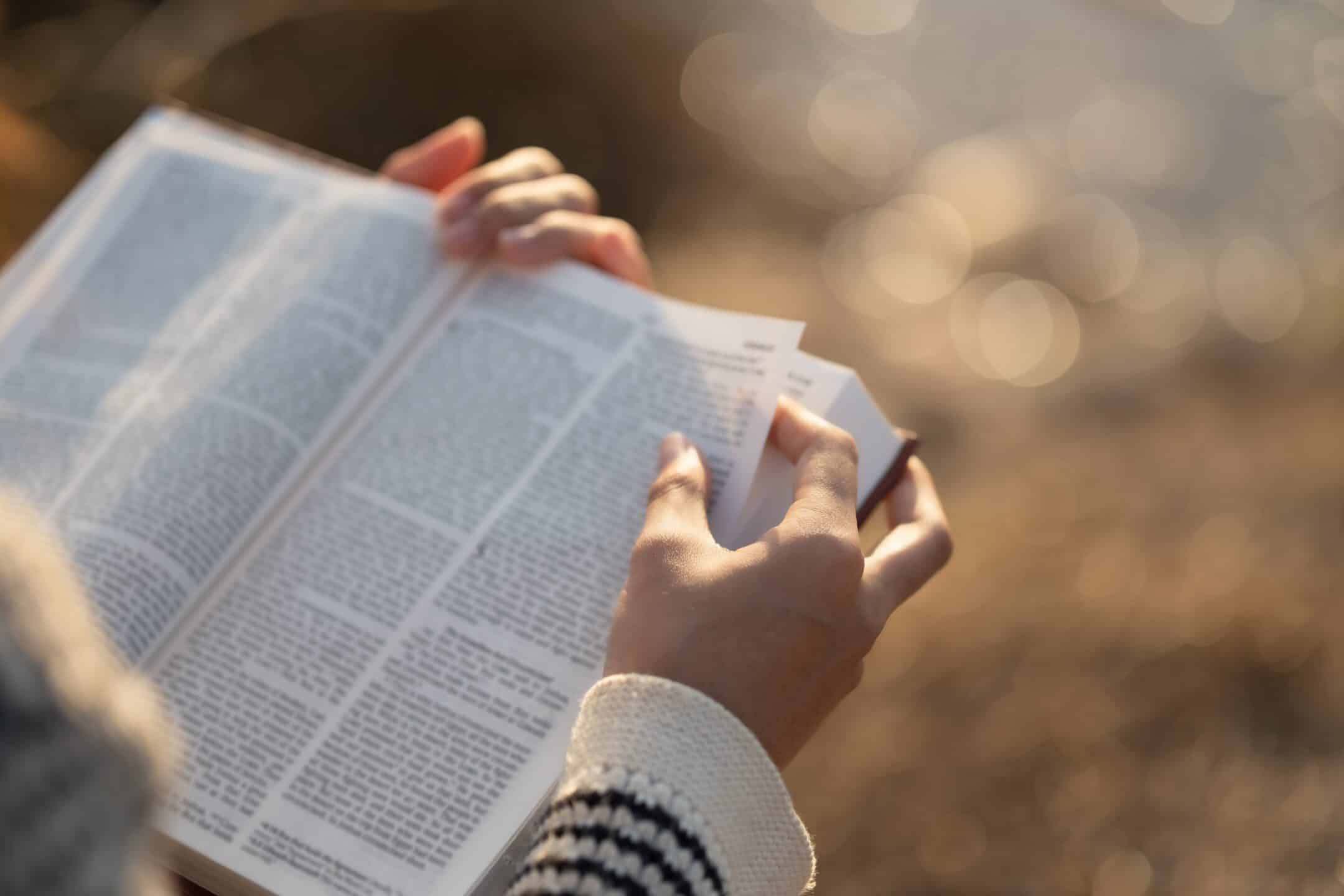 Person reading a newspaper outdoors, hands holding the pages with a sunlit bokeh background.