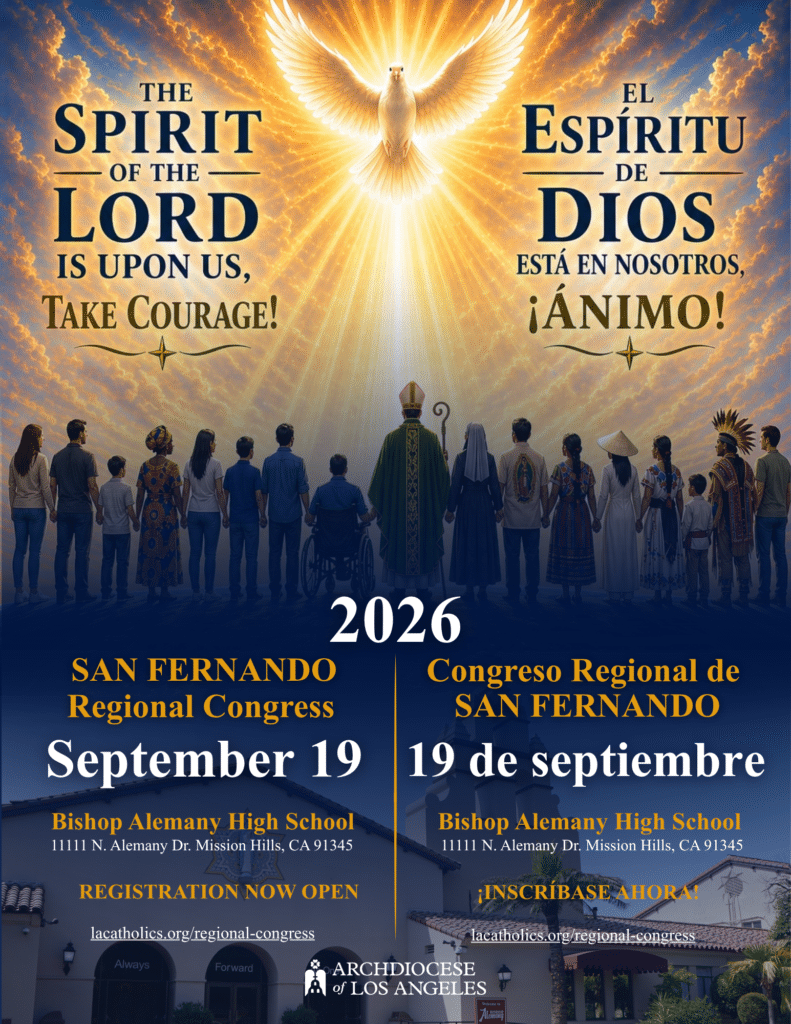 Religious event poster featuring a white dove with radiant light, people lined up facing forward, with bilingual text about the Spirit of the Lord and Courage (2026).