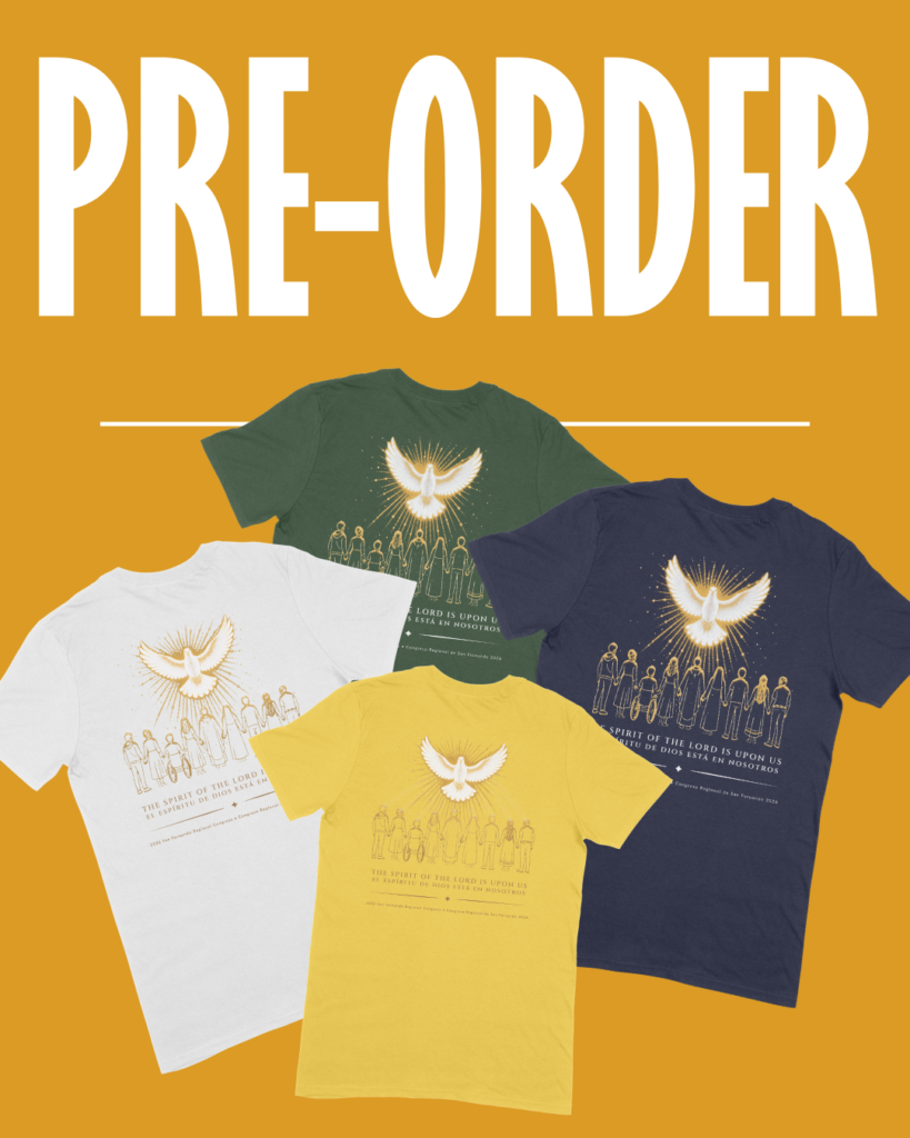Banner reading PRE-ORDER with four colored t‑shirts (white, yellow, green, navy) featuring a white dove above a line of people.