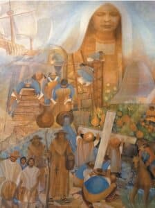 A mural depicting emerging Catholicism in North America by Frank A. Martinez at the entrance of the Cathedral of Our Lady of the Angels. (CNS photo/Nancy Wiechec)